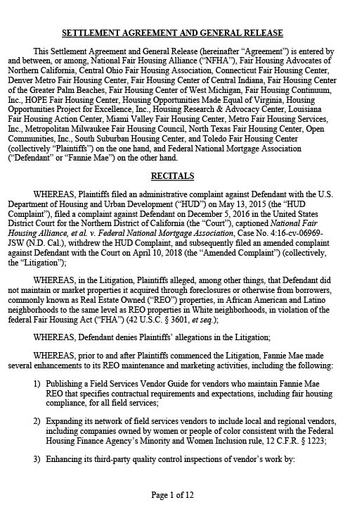 Fannie Mae agreement